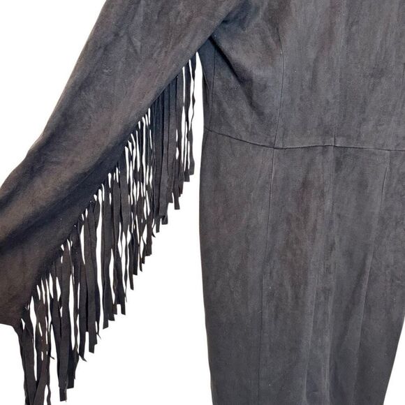 Missguided Microsuede V-Neck Fringe Long Sleeve Mini Sheath Dress Black Size 14 - Picture 3 of 5